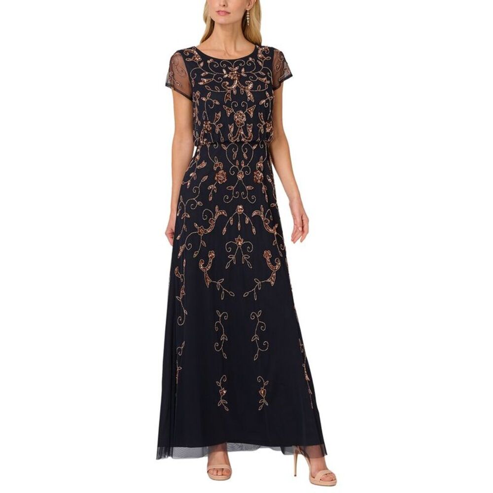 Adrianna Papell Womens Beaded Blouson Gown